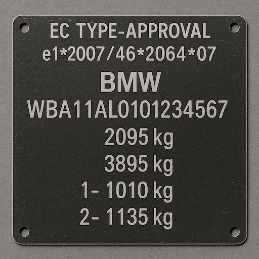 BMW manufacturer plate showing type approval number